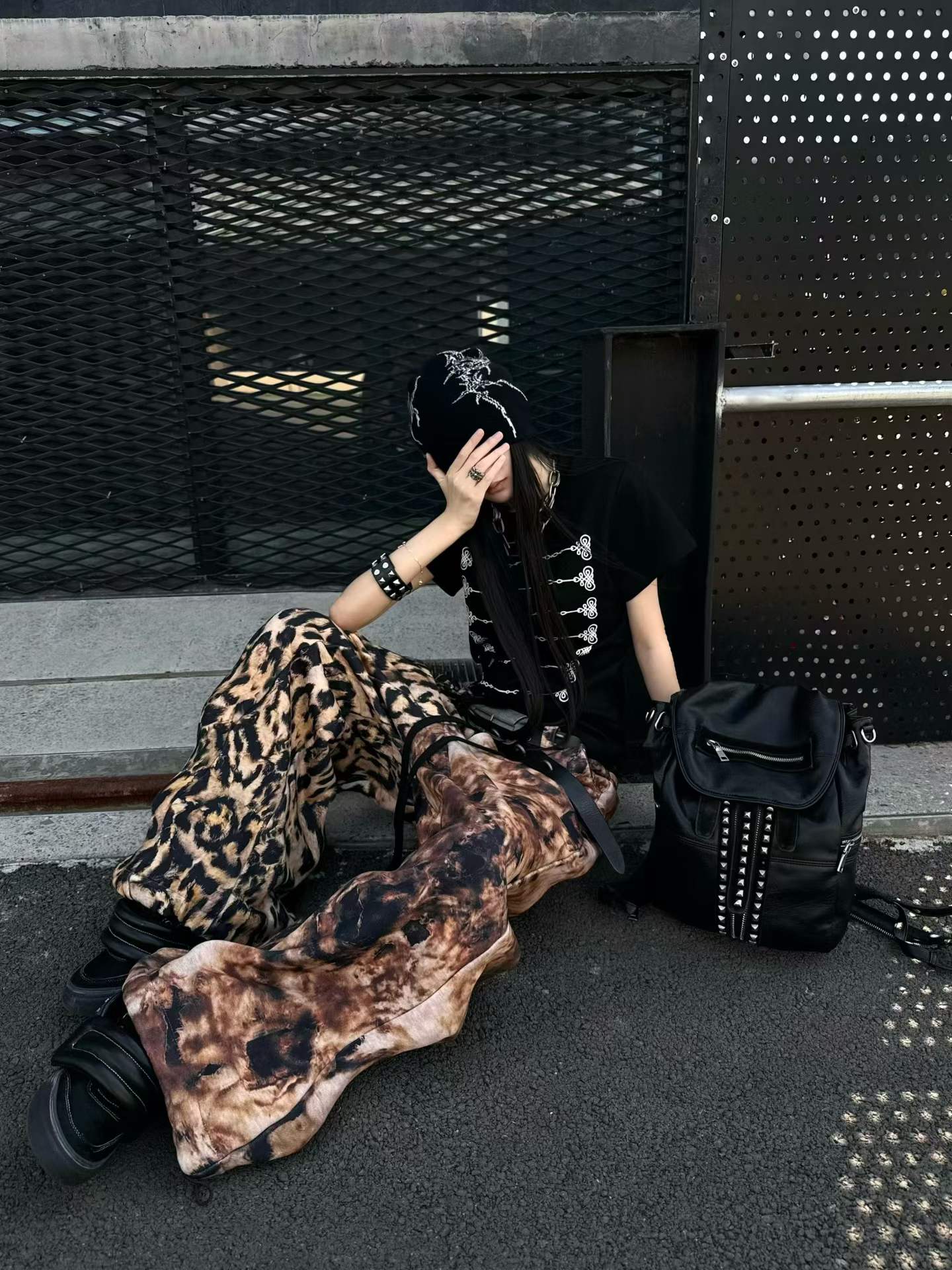 DARKPTPTS LEOPARD OVER PRINT DRAWSTRING LOOSE STRAIGHT HEAVY WEIGHT PANTS