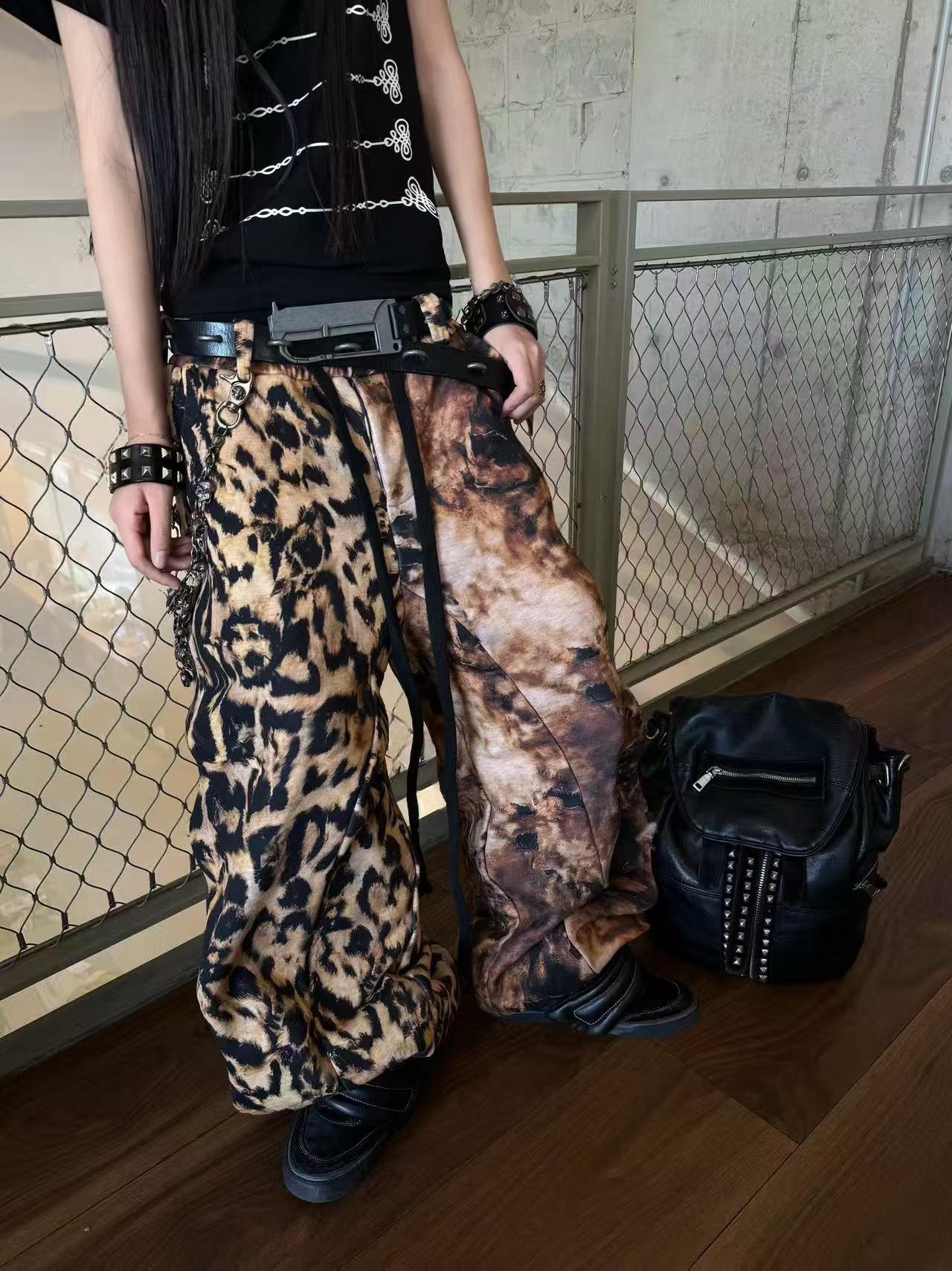 DARKPTPTS LEOPARD OVER PRINT DRAWSTRING LOOSE STRAIGHT HEAVY WEIGHT PANTS