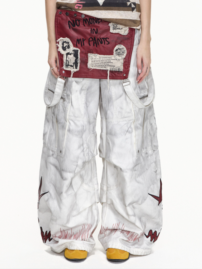 VINTAGE DETACHABLE STRAP EMBROIDERED PATCH CARGO PANTS