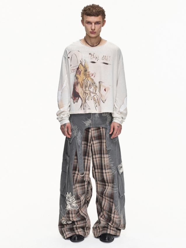 DETACHABLE WAIST SASH WEB TAG PLAID CARGO PANTS