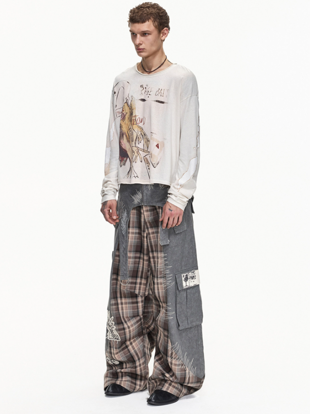 DETACHABLE WAIST SASH WEB TAG PLAID CARGO PANTS
