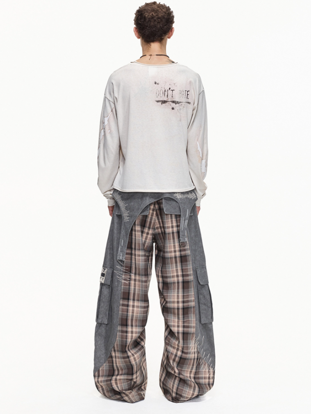 DETACHABLE WAIST SASH WEB TAG PLAID CARGO PANTS