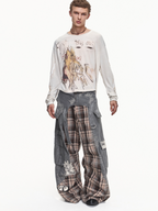 DETACHABLE WAIST SASH WEB TAG PLAID CARGO PANTS