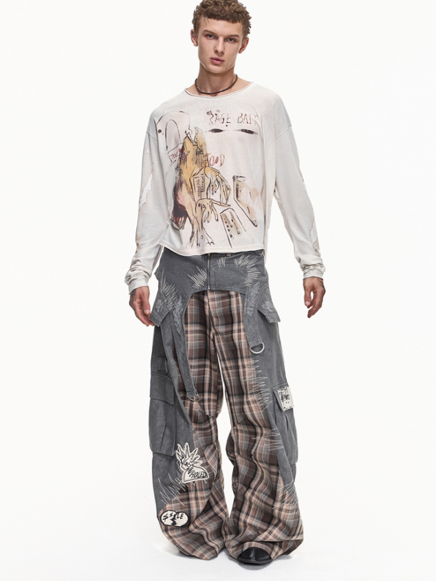 DETACHABLE WAIST SASH WEB TAG PLAID CARGO PANTS