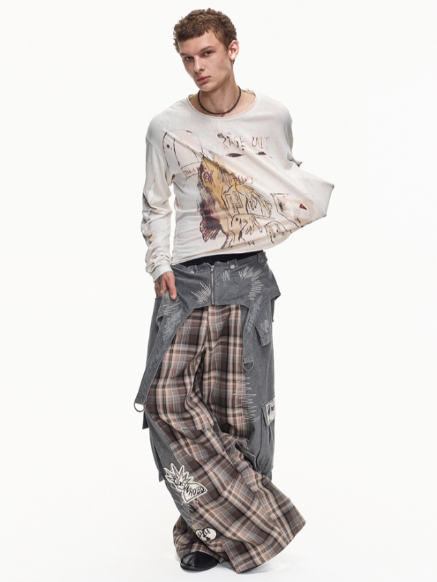 DETACHABLE WAIST SASH WEB TAG PLAID CARGO PANTS