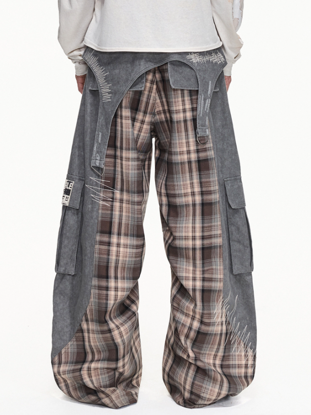 DETACHABLE WAIST SASH WEB TAG PLAID CARGO PANTS