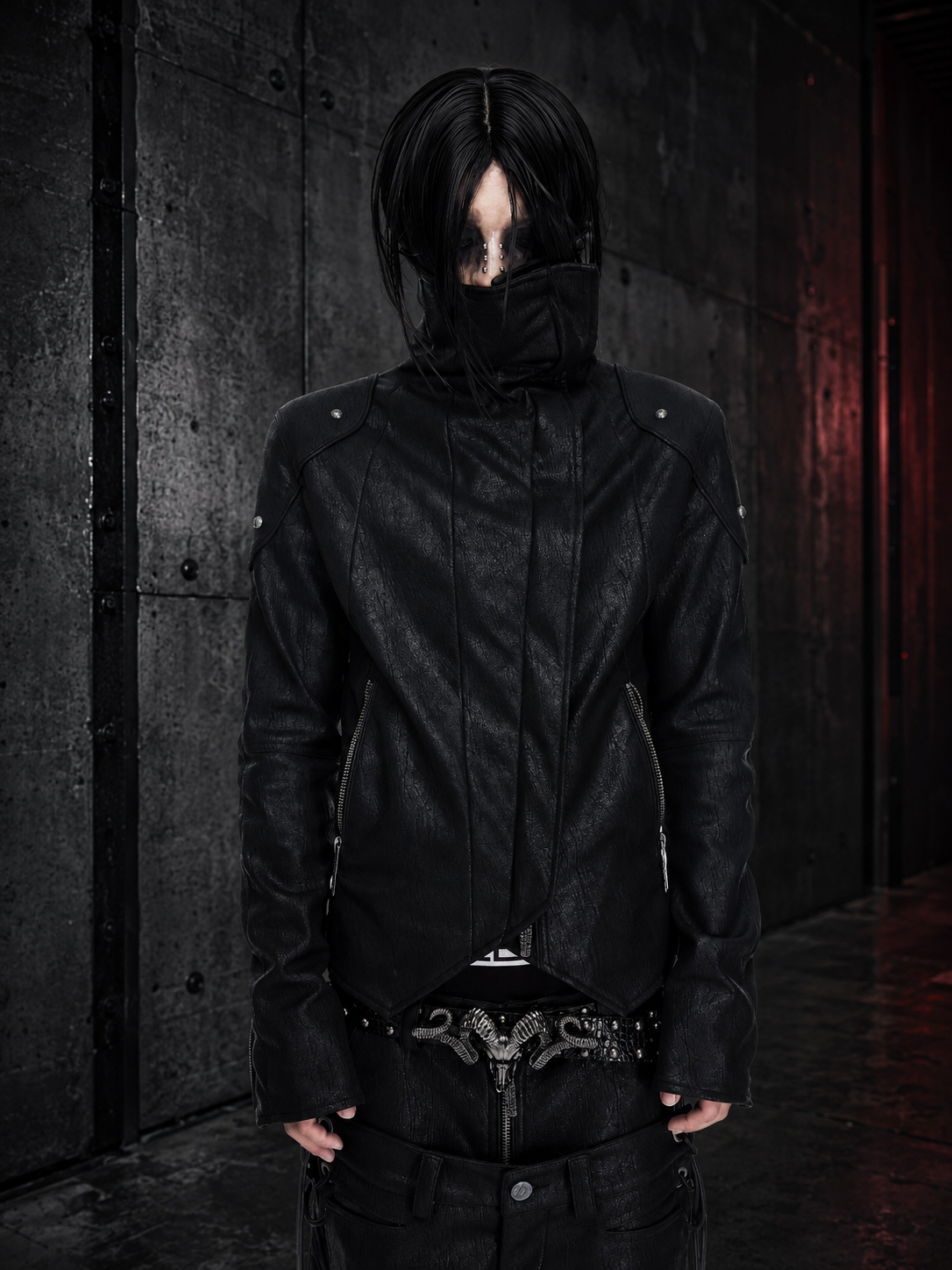DARKRTPTS DARK ASYMMETRIC PANEL STAND-COLLAR SLIM-FIT DRAWSTRING LEATHER JACKET Main image