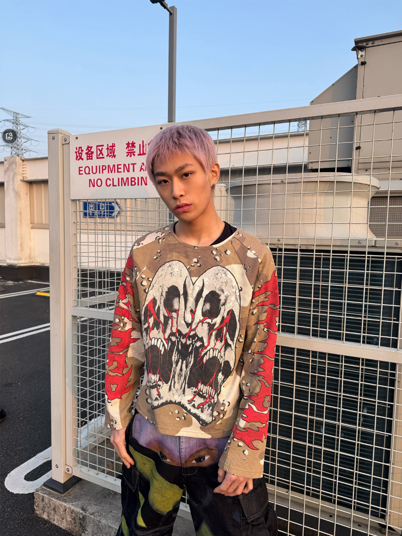 CAMO WAFFLE SKULL PRINT HOCKEY JERSEY LONG SLEEVE TEE