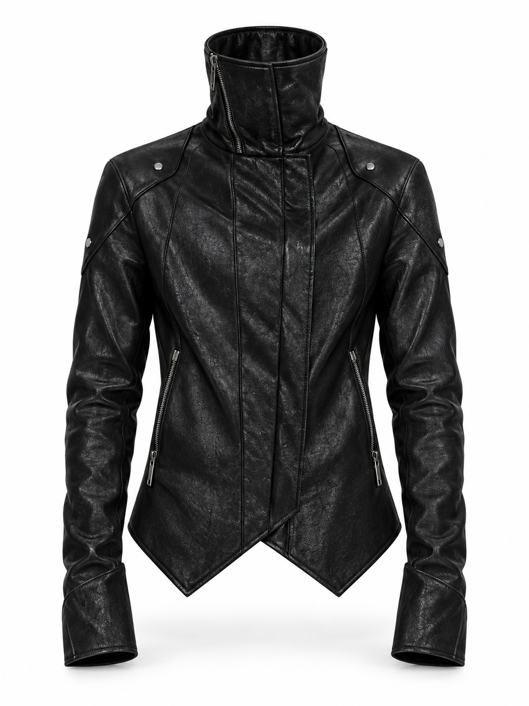 DARKRTPTS DARK ASYMMETRIC PANEL STAND-COLLAR SLIM-FIT DRAWSTRING LEATHER JACKET