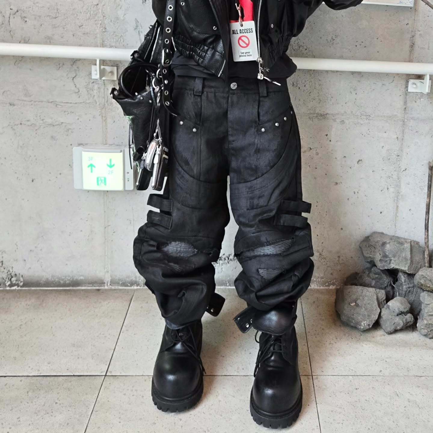 DARKPTPTS WAXED DENIM DISTRESSED CARGO PANTS