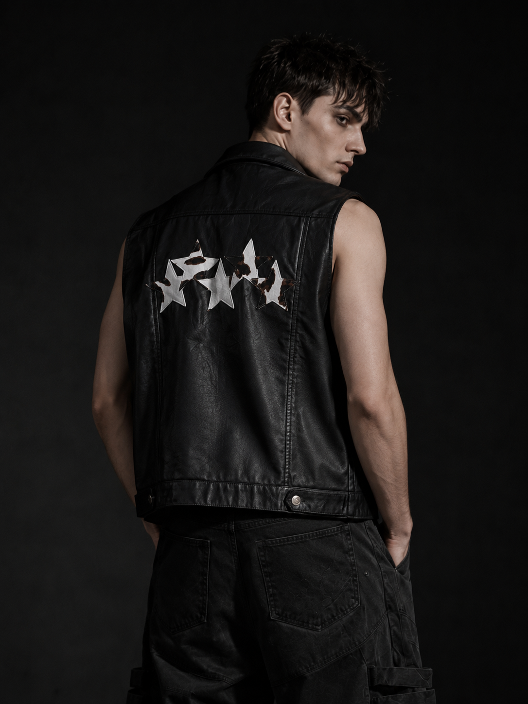 STUDDED STAR-PATTERN PU LEATHER VEST Main image