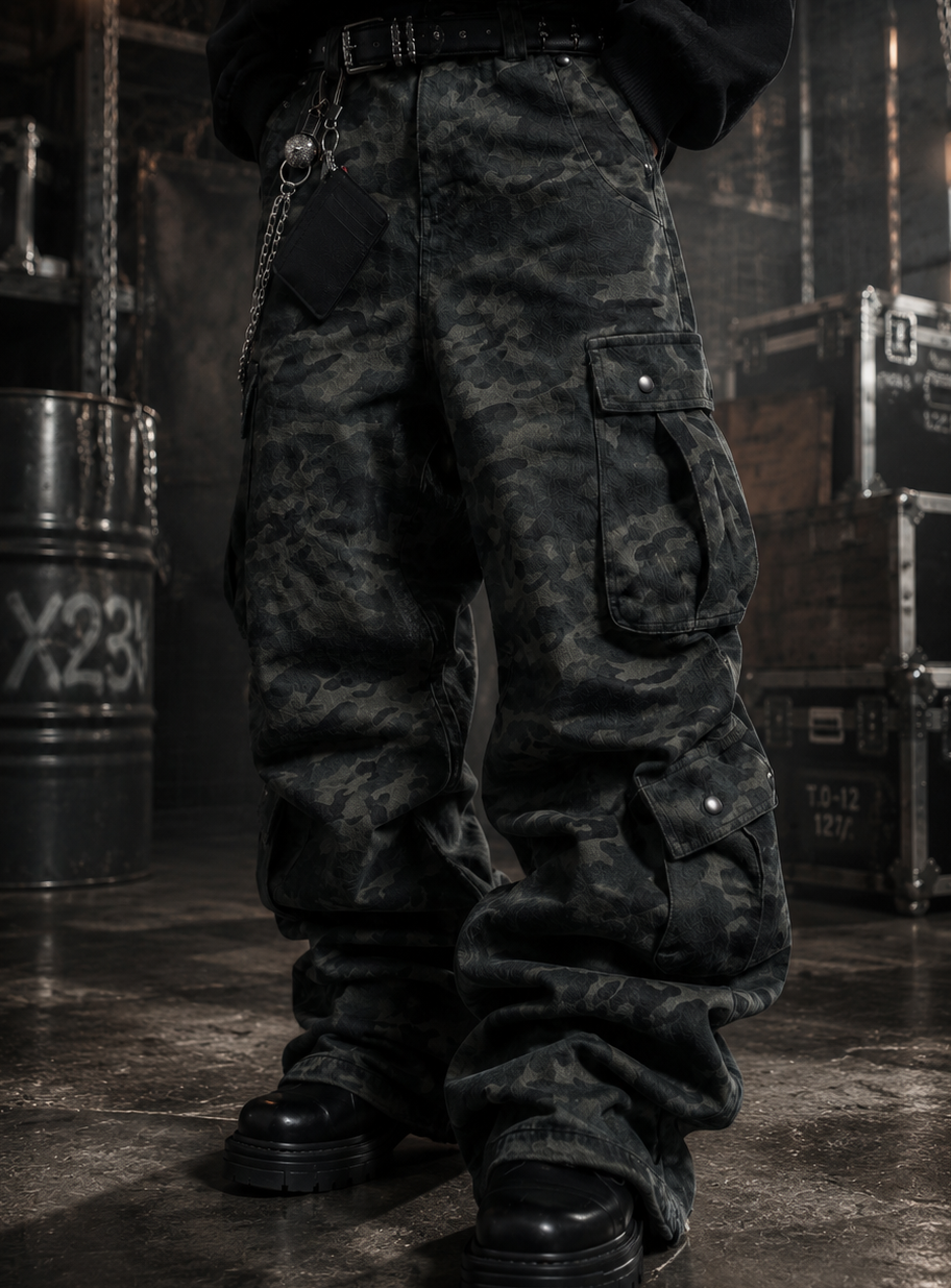 MULTI-WAIST RIVET CAMO CARGO PANTS