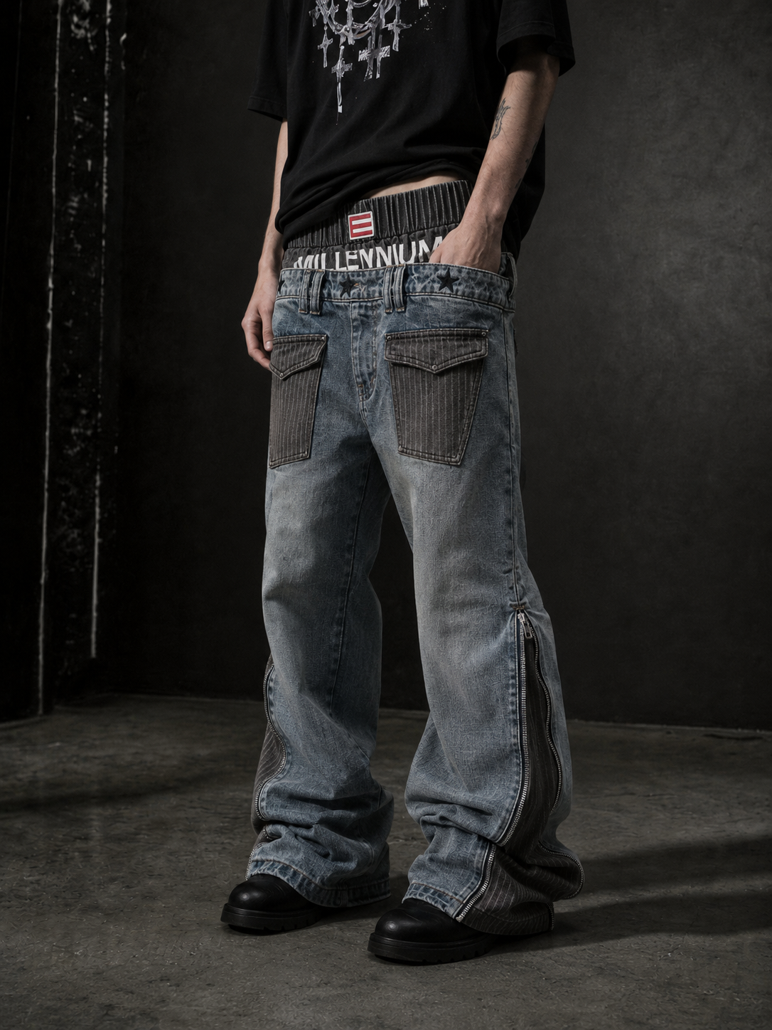 DOUBLE WAIST EMBROIDERY SLIM WASHED BLUE JEANS Main image