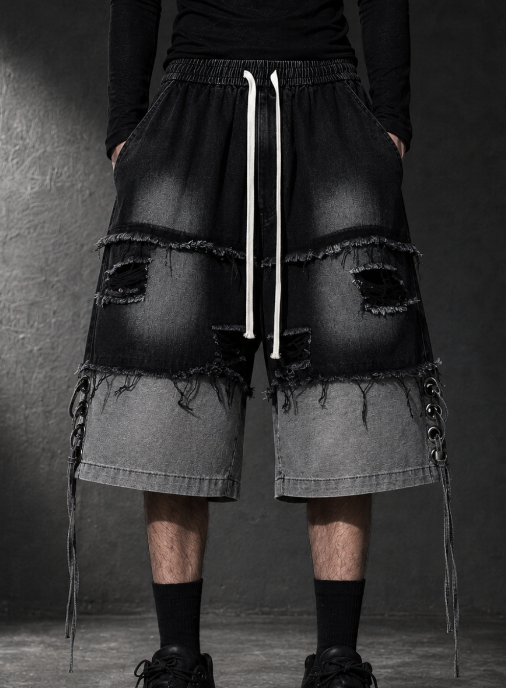 DISTRESSED RAW-EDGE PATCHWORK DENIM SHORTS Main image