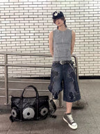 LOOSE-FIT DISTRESSED PATCHWORK CROPPED JEANS