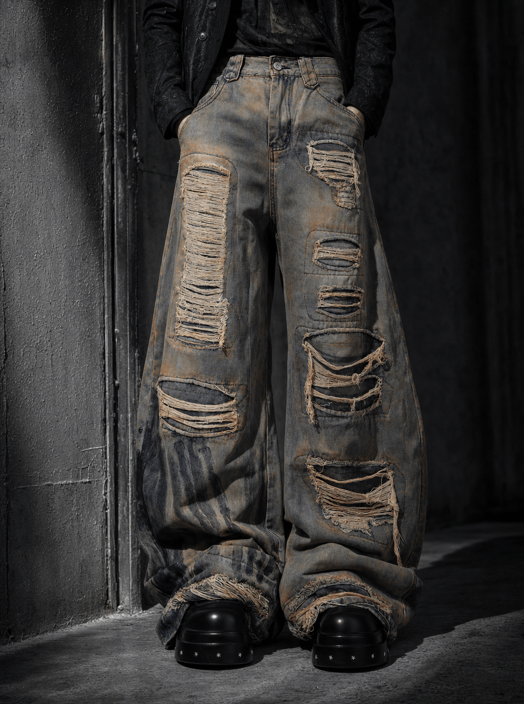 AMERICAN-STYLE LOOSE-FIT DISTRESSED STREETWEAR JEANS Main image