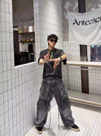HEAVYWEIGHT PANELLED CARGO DENIM JEANS WITH REMOVABLE WAIST BAG