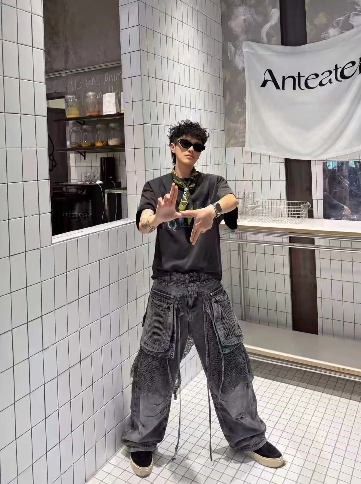 HEAVYWEIGHT PANELLED CARGO DENIM JEANS WITH REMOVABLE WAIST BAG