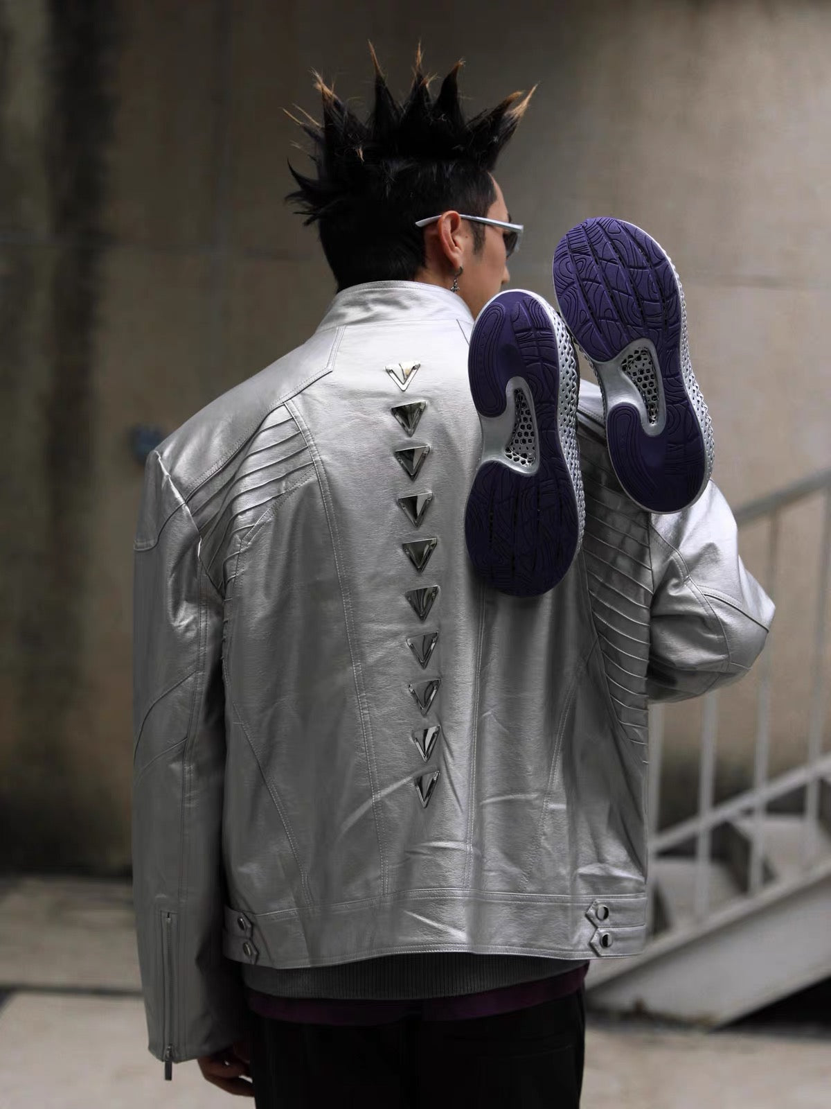 SILVER METAL BONE NICHE OVERSIZED LEATHER JACKET