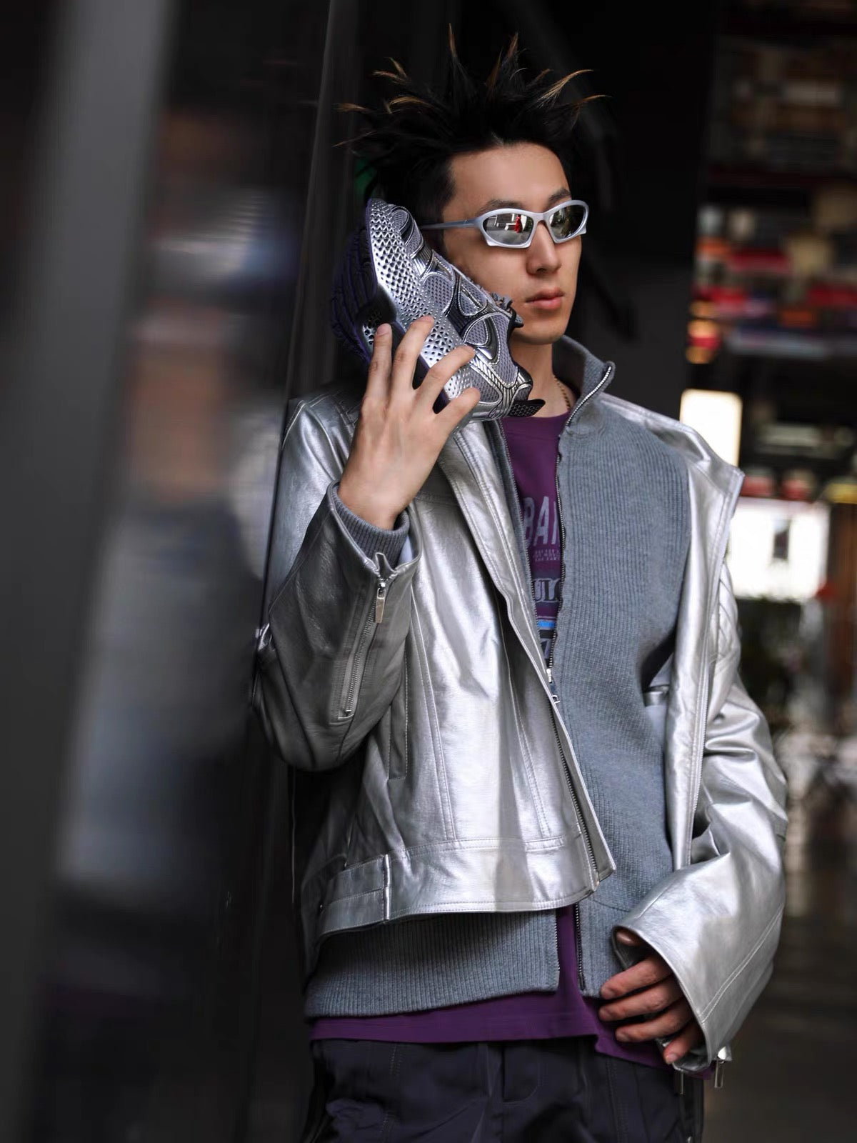 SILVER METAL BONE NICHE OVERSIZED LEATHER JACKET