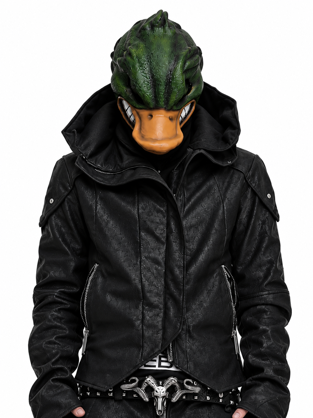 DARKRTPTS DARK ASYMMETRIC PANEL STAND-COLLAR SLIM-FIT DRAWSTRING LEATHER JACKET