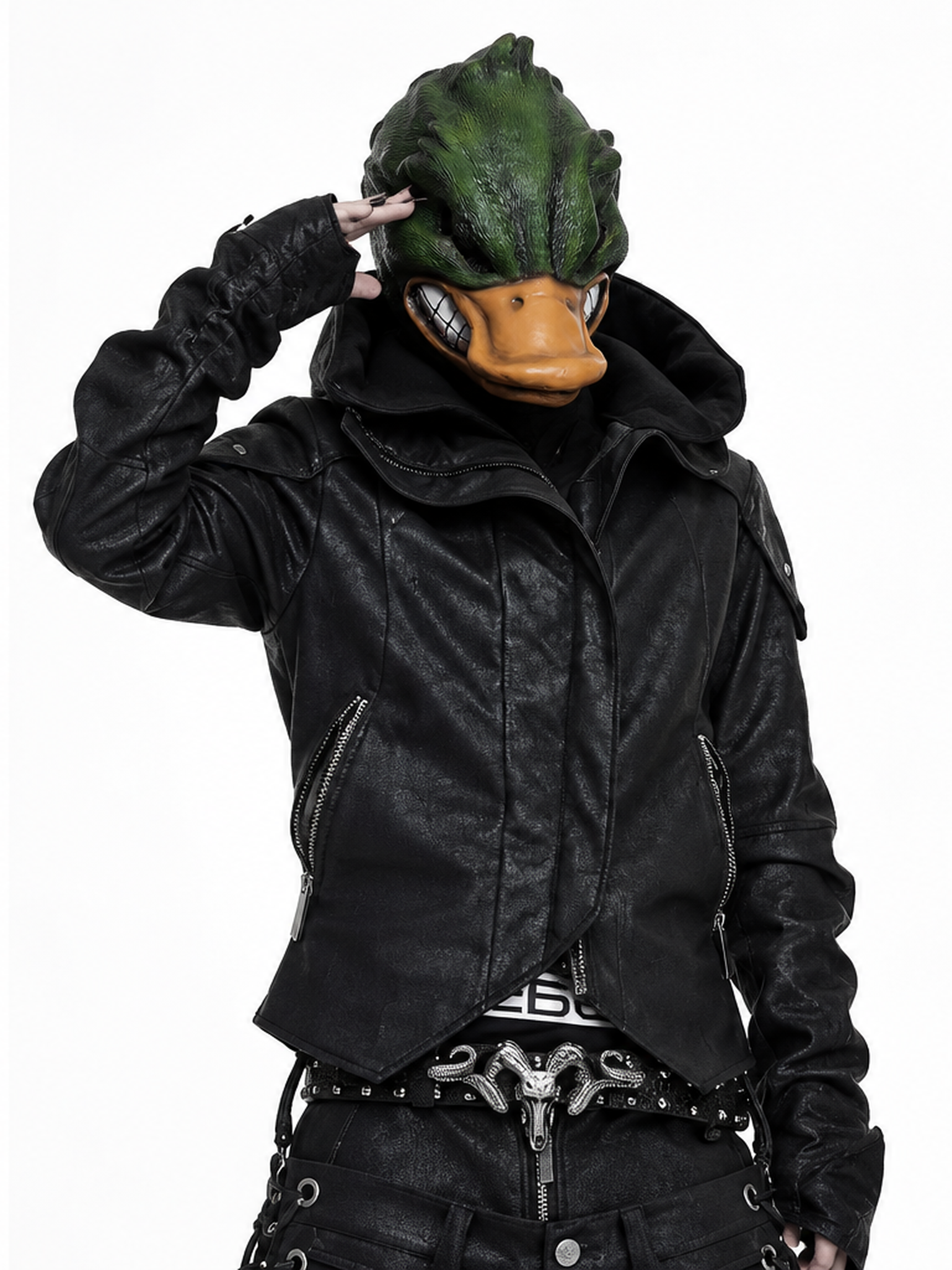DARKRTPTS DARK ASYMMETRIC PANEL STAND-COLLAR SLIM-FIT DRAWSTRING LEATHER JACKET Secondary image
