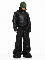 DARKPTPTS VINTAGE DARK CRACKED CROPPED PU LEATHER BIKER JACKET