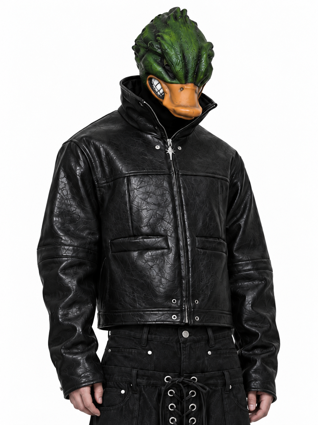 DARKPTPTS VINTAGE DARK CRACKED CROPPED PU LEATHER BIKER JACKET Main image