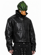 DARKPTPTS VINTAGE DARK CRACKED CROPPED PU LEATHER BIKER JACKET