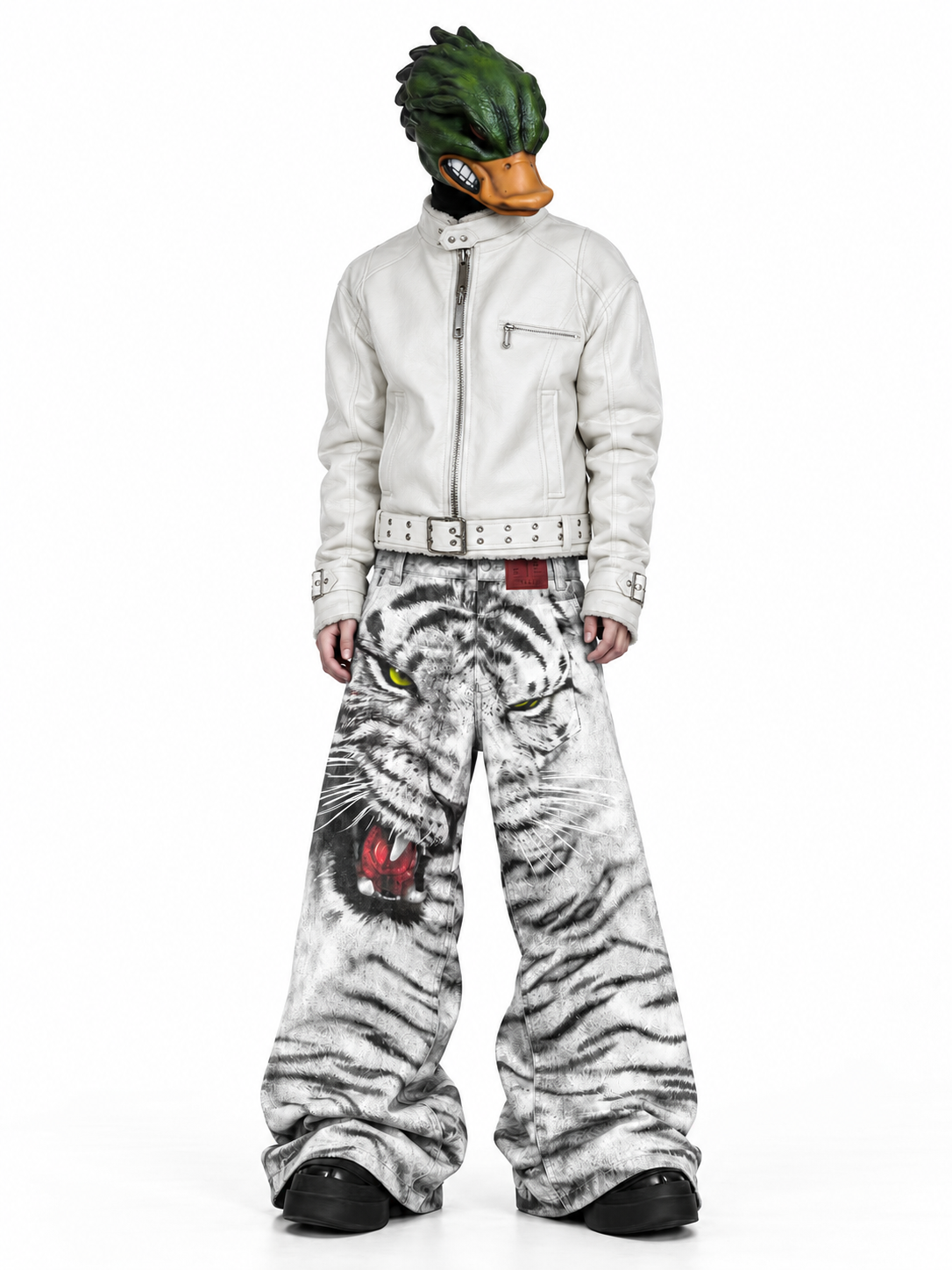 3D PRINTED WHITE TIGER WAXED JEANS