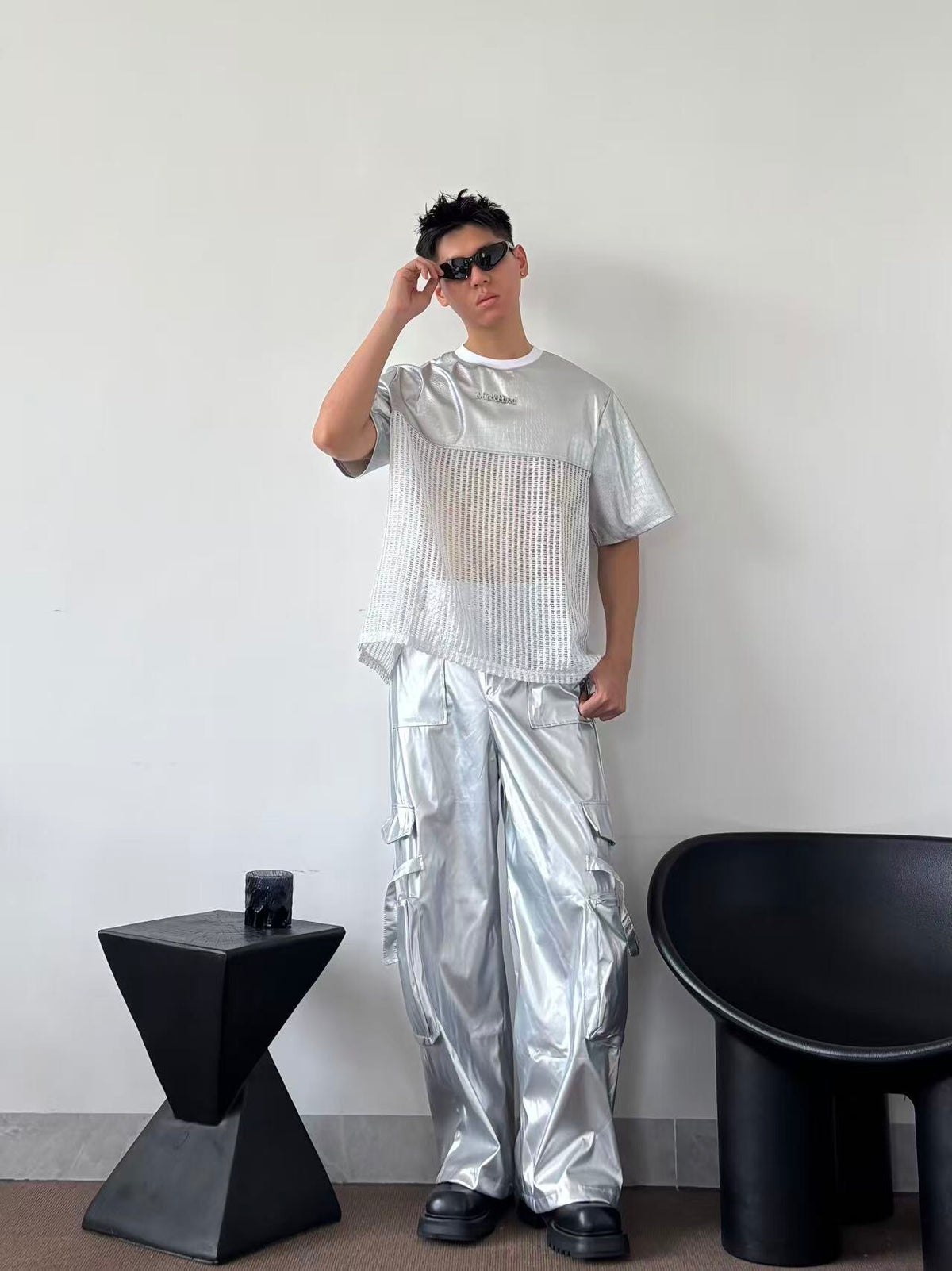 PUNK SILVER CARGO SHINY COATED WIDE STRAIGHT LEG PANTS