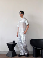 PUNK SILVER CARGO SHINY COATED WIDE STRAIGHT LEG PANTS