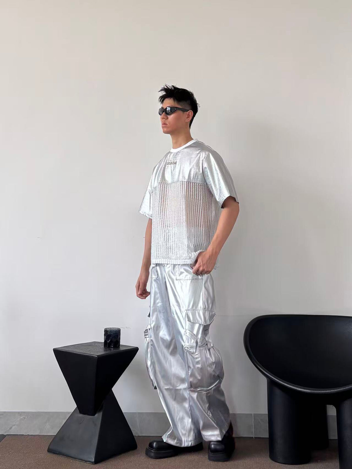 PUNK SILVER CARGO SHINY COATED WIDE STRAIGHT LEG PANTS