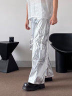 PUNK SILVER CARGO SHINY COATED WIDE STRAIGHT LEG PANTS