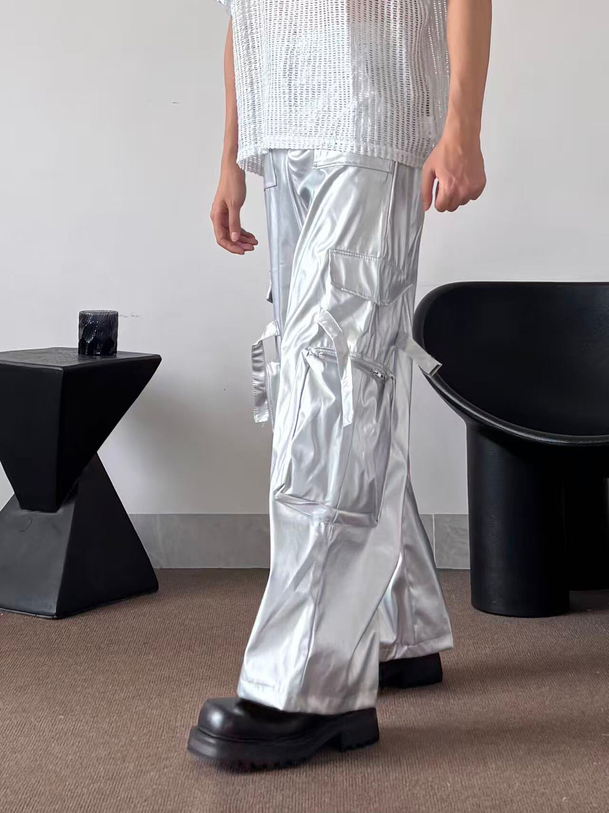 PUNK SILVER CARGO SHINY COATED WIDE STRAIGHT LEG PANTS