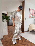 PUNK SILVER CARGO SHINY COATED WIDE STRAIGHT LEG PANTS