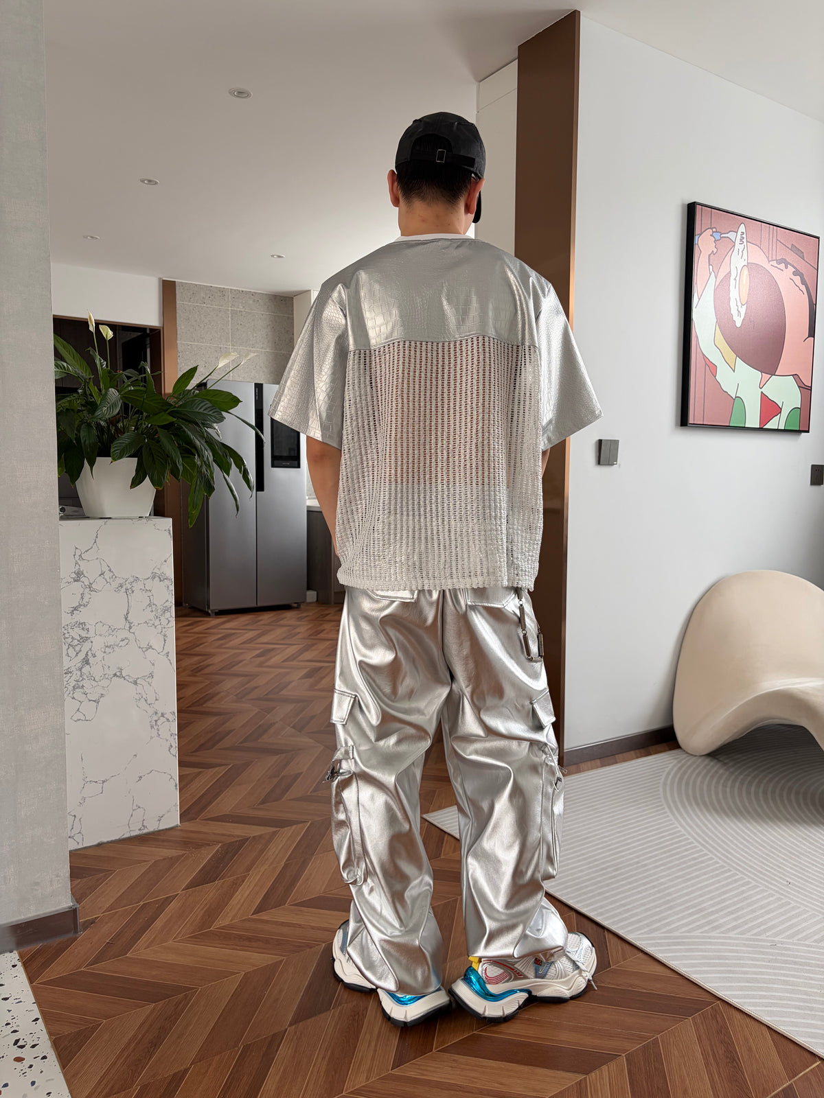 PUNK SILVER CARGO SHINY COATED WIDE STRAIGHT LEG PANTS