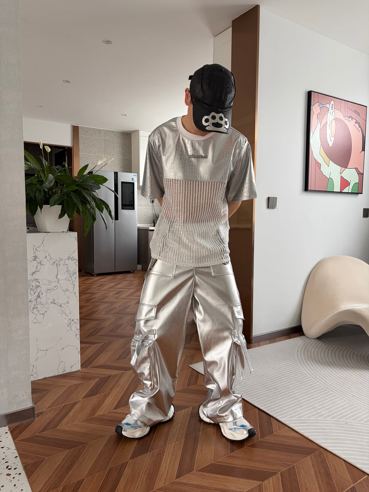 PUNK SILVER CARGO SHINY COATED WIDE STRAIGHT LEG PANTS