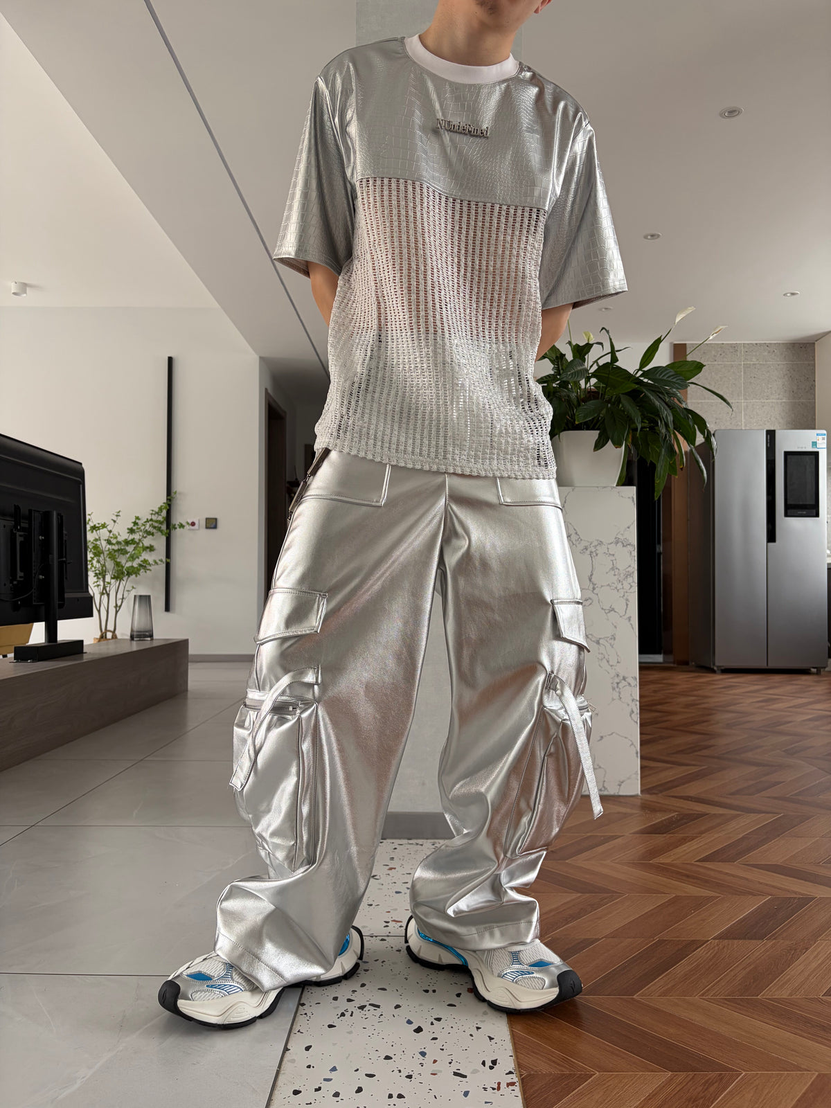 PUNK SILVER CARGO SHINY COATED WIDE STRAIGHT LEG PANTS