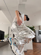 PUNK SILVER CARGO SHINY COATED WIDE STRAIGHT LEG PANTS