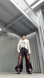 WASTERED MULTI‑POCKET RIVET DETAIL WIDE‑LEG CARGO PANTS