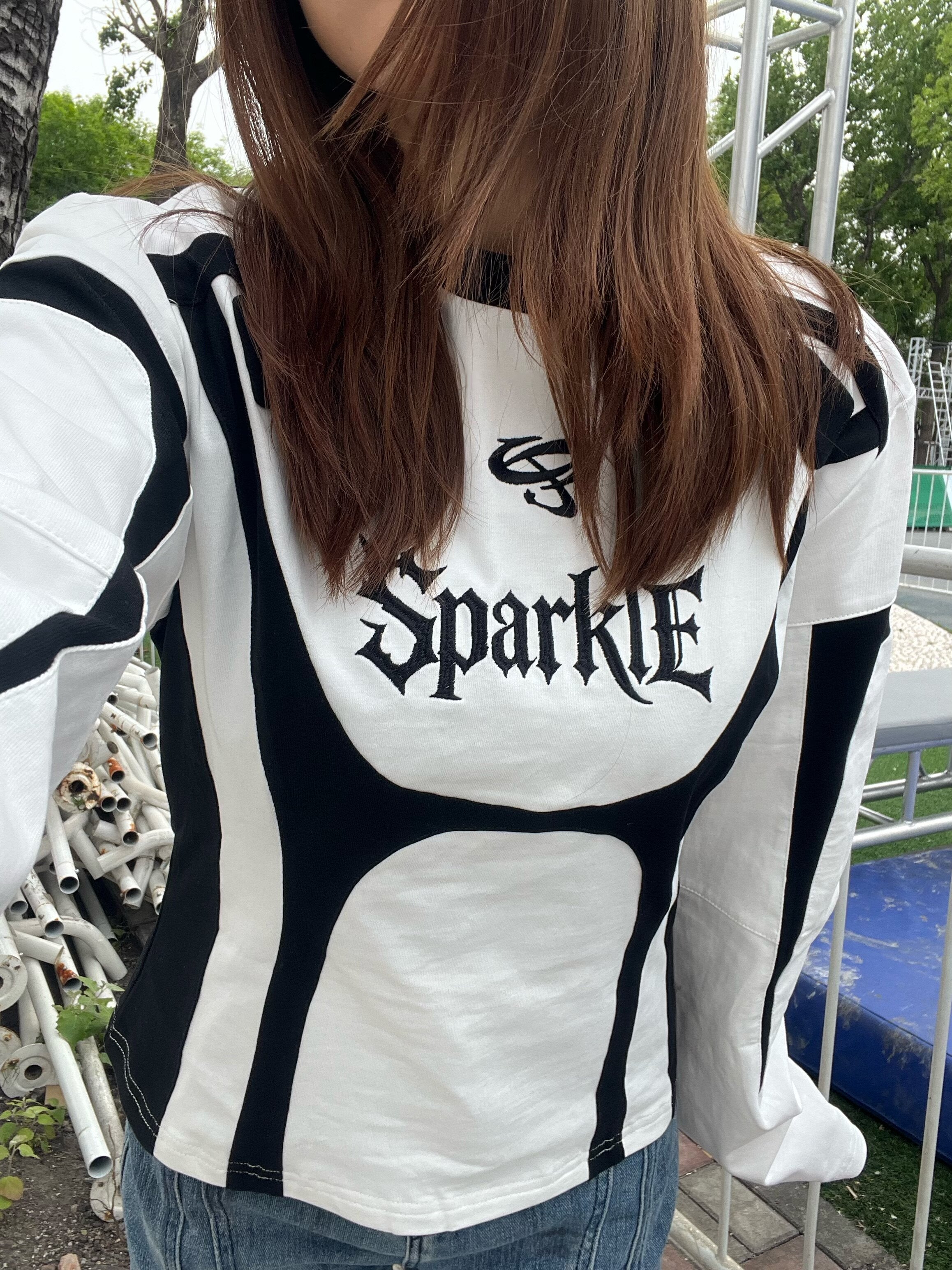 RACING PATCHWORK LONG SLEEVE, VINTAGE BIKER SLIM CROPPED TOP