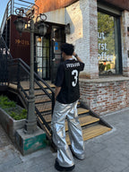 PUNK SILVER CARGO SHINY COATED WIDE STRAIGHT LEG PANTS