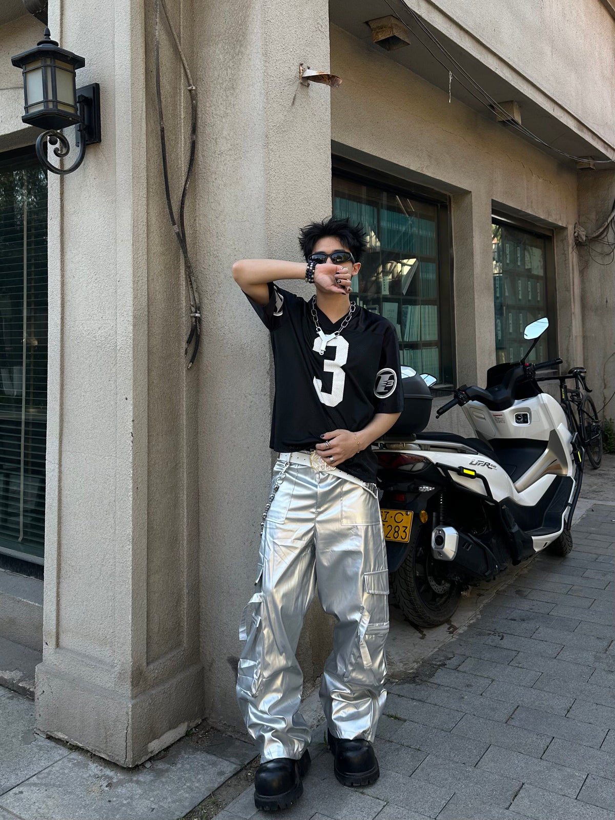 PUNK SILVER CARGO SHINY COATED WIDE STRAIGHT LEG PANTS