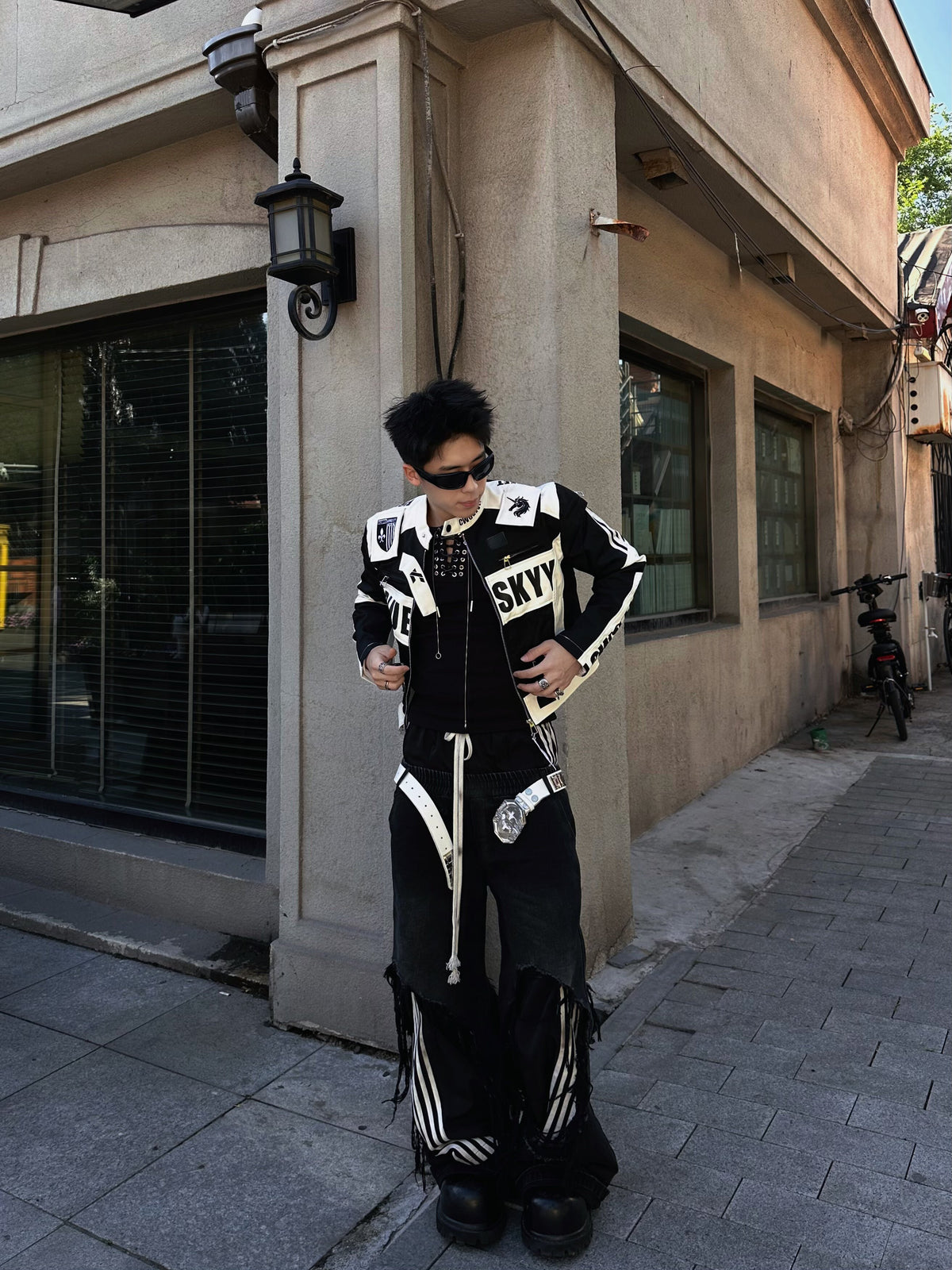 STAND COLLAR SPLICED RACING SUIT SHORT BIKER PU LEATHER JACKET