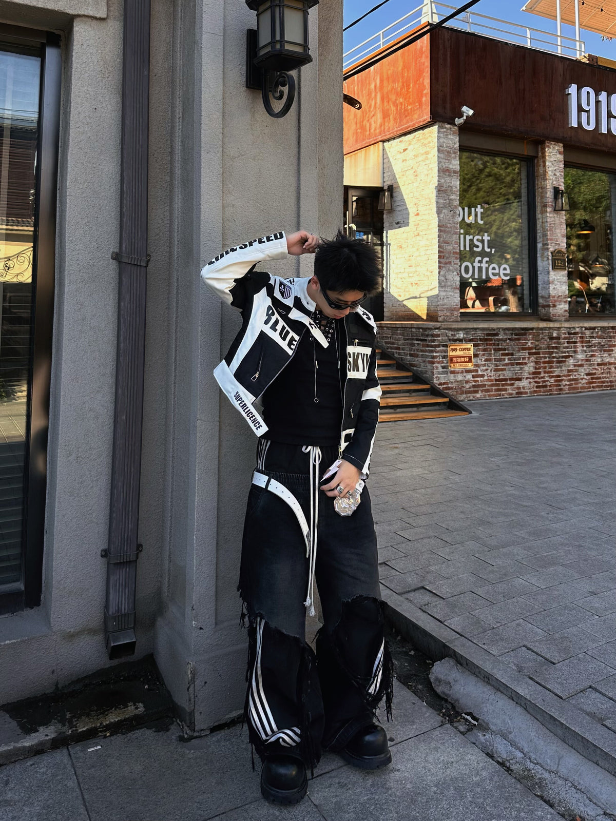 STAND COLLAR SPLICED RACING SUIT SHORT BIKER PU LEATHER JACKET