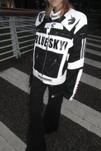 STAND COLLAR SPLICED RACING SUIT SHORT BIKER PU LEATHER JACKET