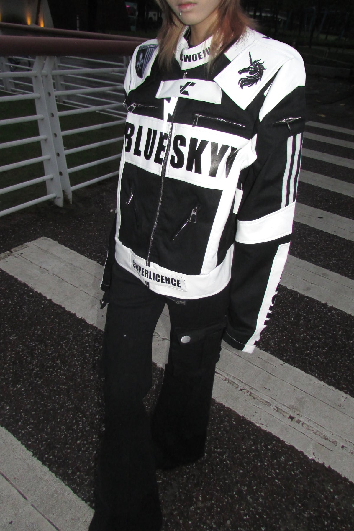 STAND COLLAR SPLICED RACING SUIT SHORT BIKER PU LEATHER JACKET
