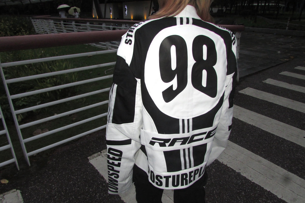 STAND COLLAR SPLICED RACING SUIT SHORT BIKER PU LEATHER JACKET