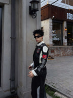 VINTAGE BIKER PU LEATHER EMBROIDERED STAND COLLAR CROPPED RACING JACKET